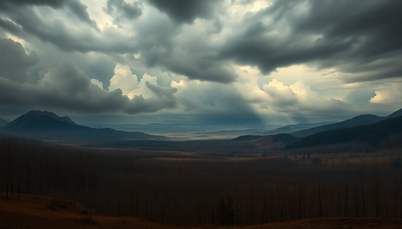 A vast, atmospheric landscape painting in muted tones of grey, brown, and blue, depicting a dry, barren forest under a heavy, ominous sky. The scene conveys a sense of melancholy and the overwhelming power of nature, with any physical structures or objects dwarfed by the scale of the environment.