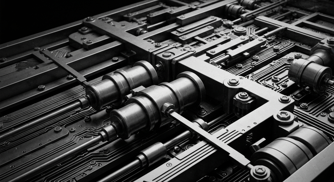 A high-contrast, cinematic close-up of intricate banking mechanisms and machinery, representing the complex financial infrastructure that powers the tax system.