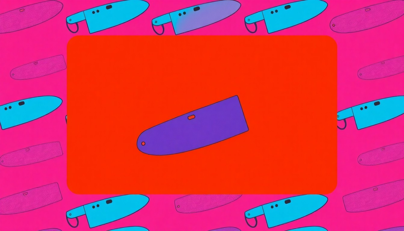 A vibrant, high-contrast silkscreen print of a butcher's knife repeated in a grid pattern, conceptually representing the fresh, locally-sourced meat offerings at Winola Farm Meat's new market.