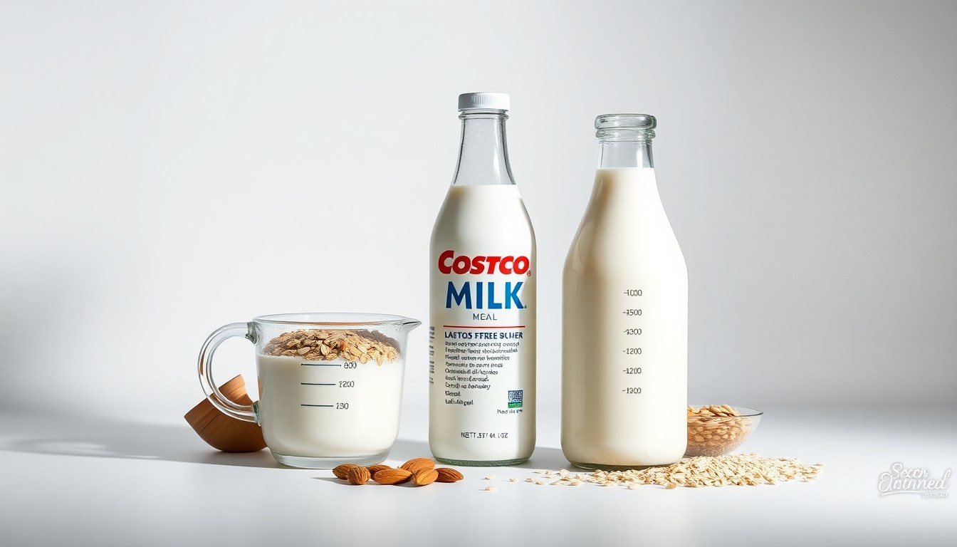 A photorealistic studio still-life photograph featuring a glass bottle of Costco's new lactose-free milk product, along with a measuring cup and a few raw milk ingredients, all arranged elegantly on a clean, monochromatic background with dramatic lighting and shadows to convey the premium quality and health benefits of the new milk.