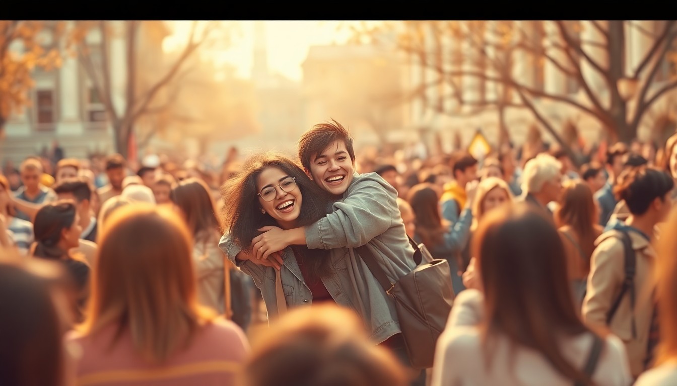 An abstract, impressionistic photograph showing a blurred crowd of people in a university setting, with a group of students in the center embracing and celebrating, conveying the sense of community and excitement surrounding the successful Giving Day event.