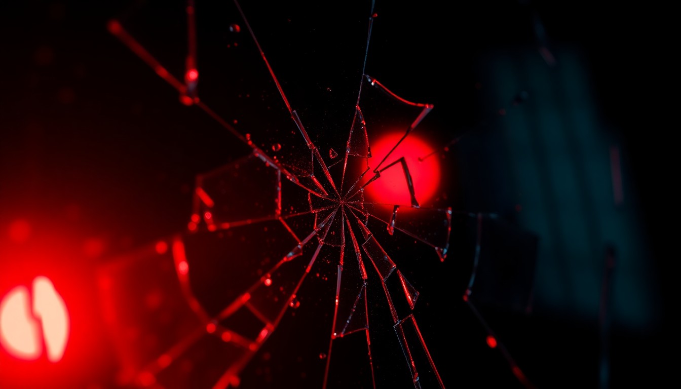 An extreme close-up photograph of shattered glass reflecting a faint red light, capturing the fragility and emotional intensity of a personal loss.