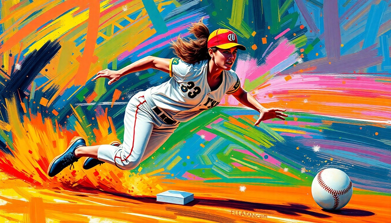 An abstract, energetic painting with vibrant neon brushstrokes depicting the dynamic motion of a softball player sliding into a base, conceptually representing the record-breaking speed and athleticism of Skylar Sterritt.