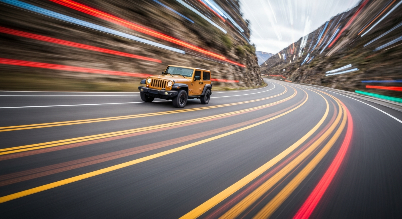 An abstract, motion-blurred image of a Jeep Wrangler on a winding mountain road, conveying a sense of speed, modern engineering, and the thrill of the open road.