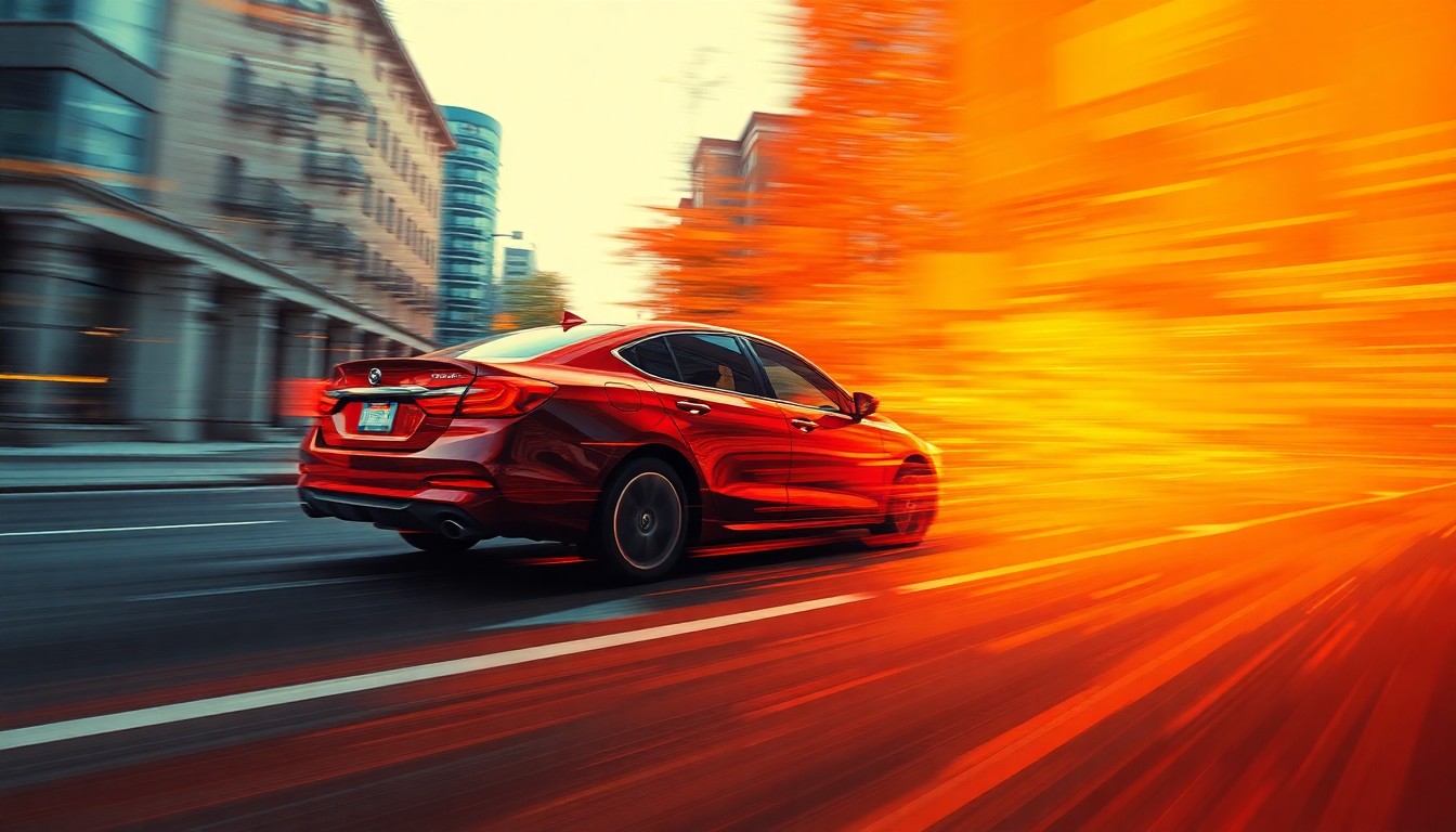 A vibrant, abstract painting depicting a speeding car in a fractured, geometric style, with overlapping waves of bright red, orange, and yellow colors conveying a sense of motion and urgency.