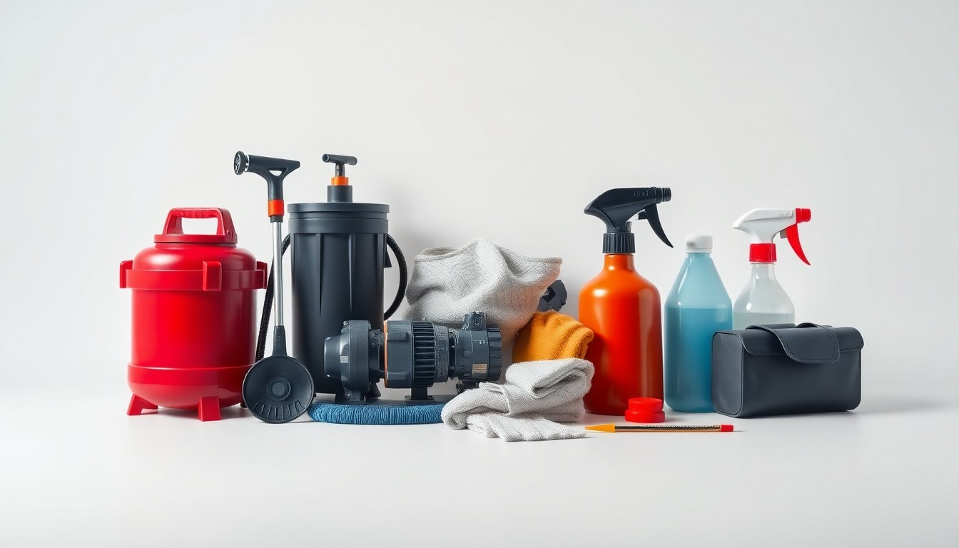 A high-end, photorealistic studio still-life photograph featuring a set of professional emergency restoration tools and equipment, including a water pump, protective gear, and cleaning supplies, all arranged elegantly on a clean, monochromatic seamless background, conceptually representing the abstract concepts of risk management, disaster response, and property recovery.