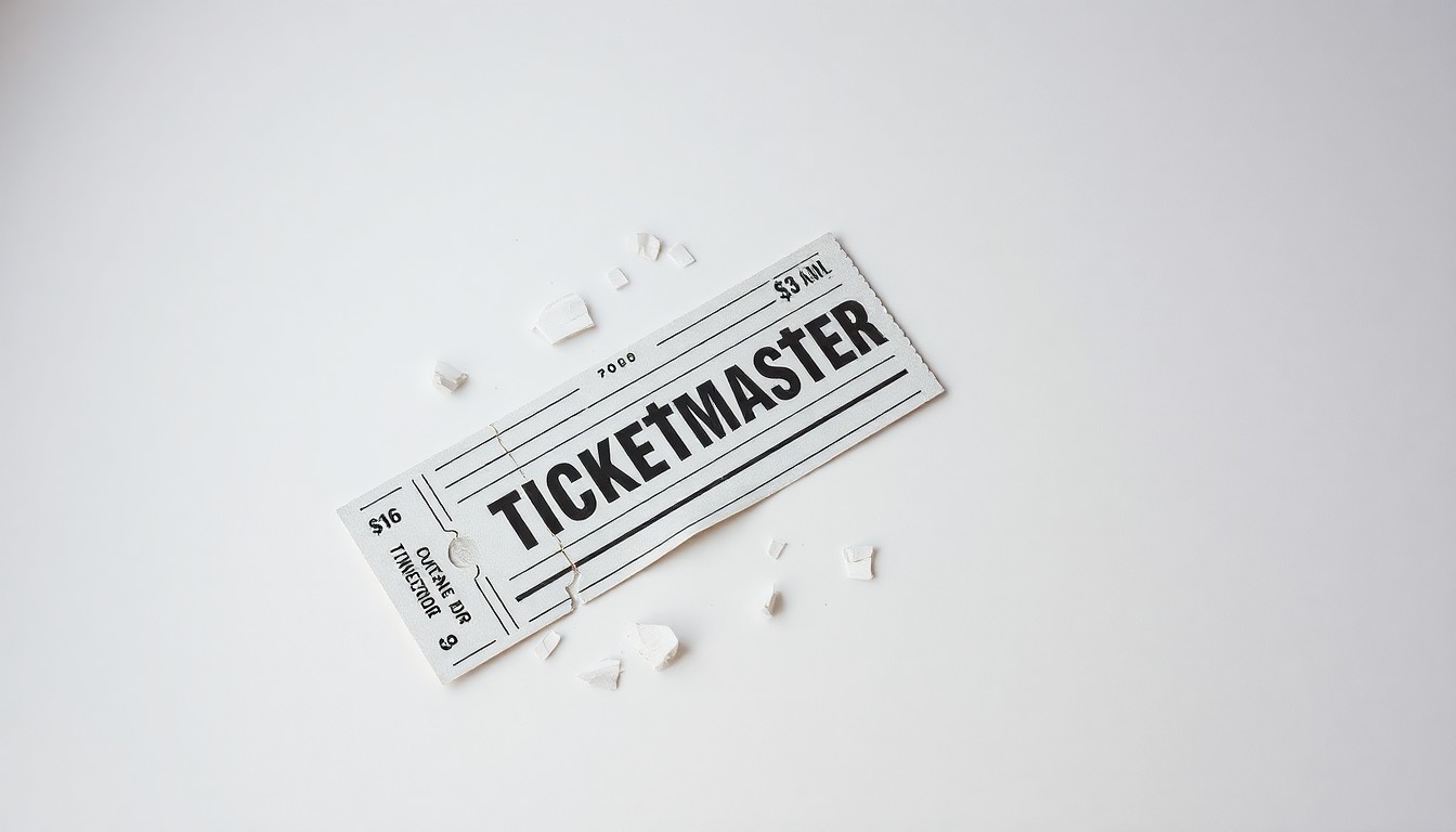 A photorealistic studio still-life photograph showing a cracked, shattered ticket stub lying on a clean, monochromatic background, symbolizing the collapse of Ticketmaster's monopolistic control over the live entertainment industry.