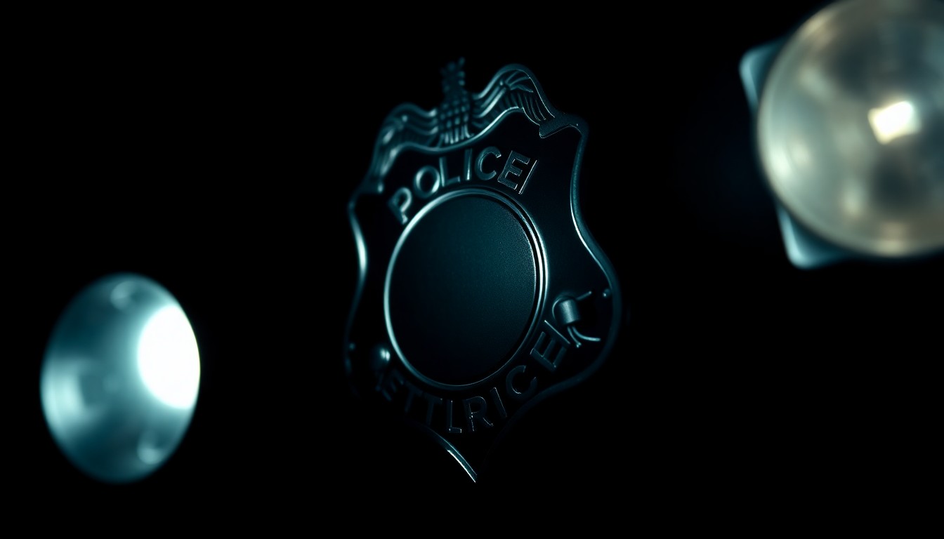 An extreme close-up photograph of a police badge or other law enforcement equipment, lit by a harsh, direct camera flash against a pitch-black background, creating a stark, gritty, investigative aesthetic.