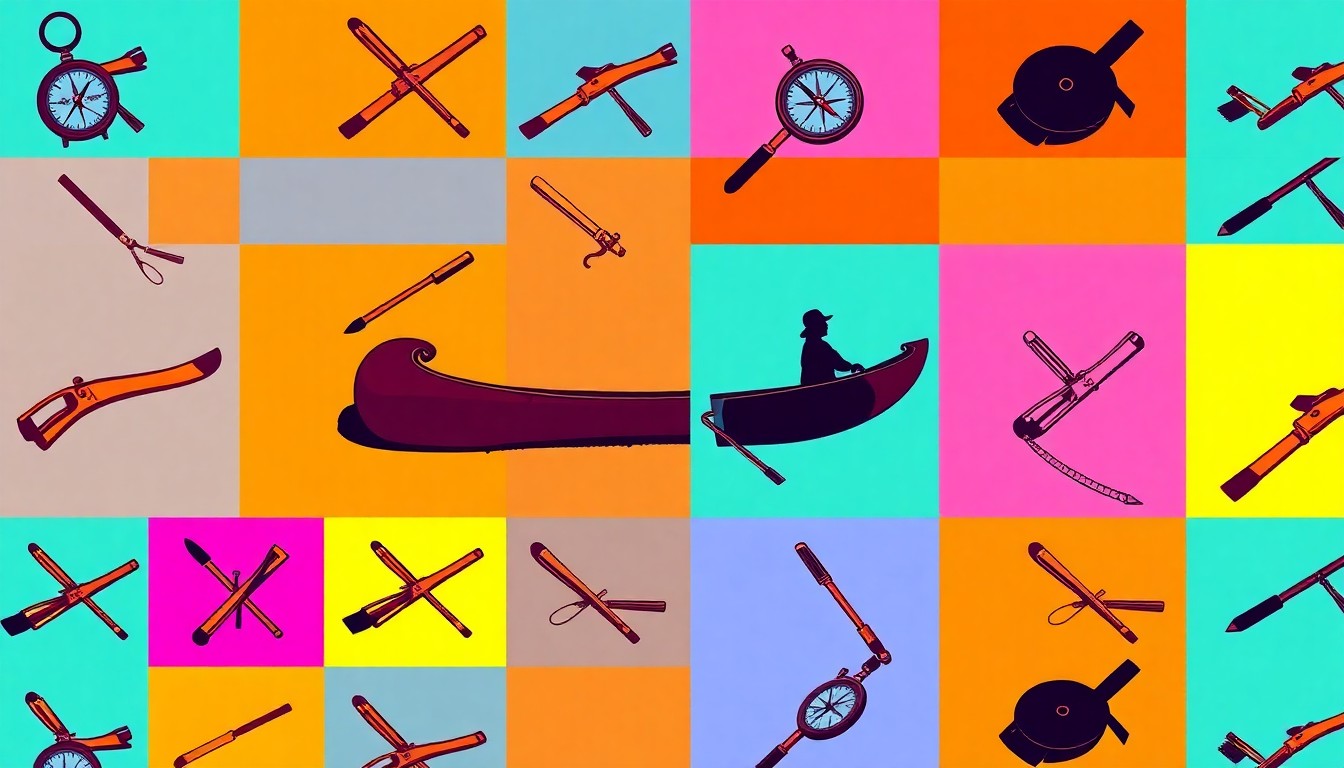 A brightly colored, high-contrast silkscreen print of a single, iconic object from the Lewis and Clark expedition, such as a compass or canoe, repeated in a tight grid pattern, conceptually representing the diverse tools and artifacts that enabled the expedition's journey.