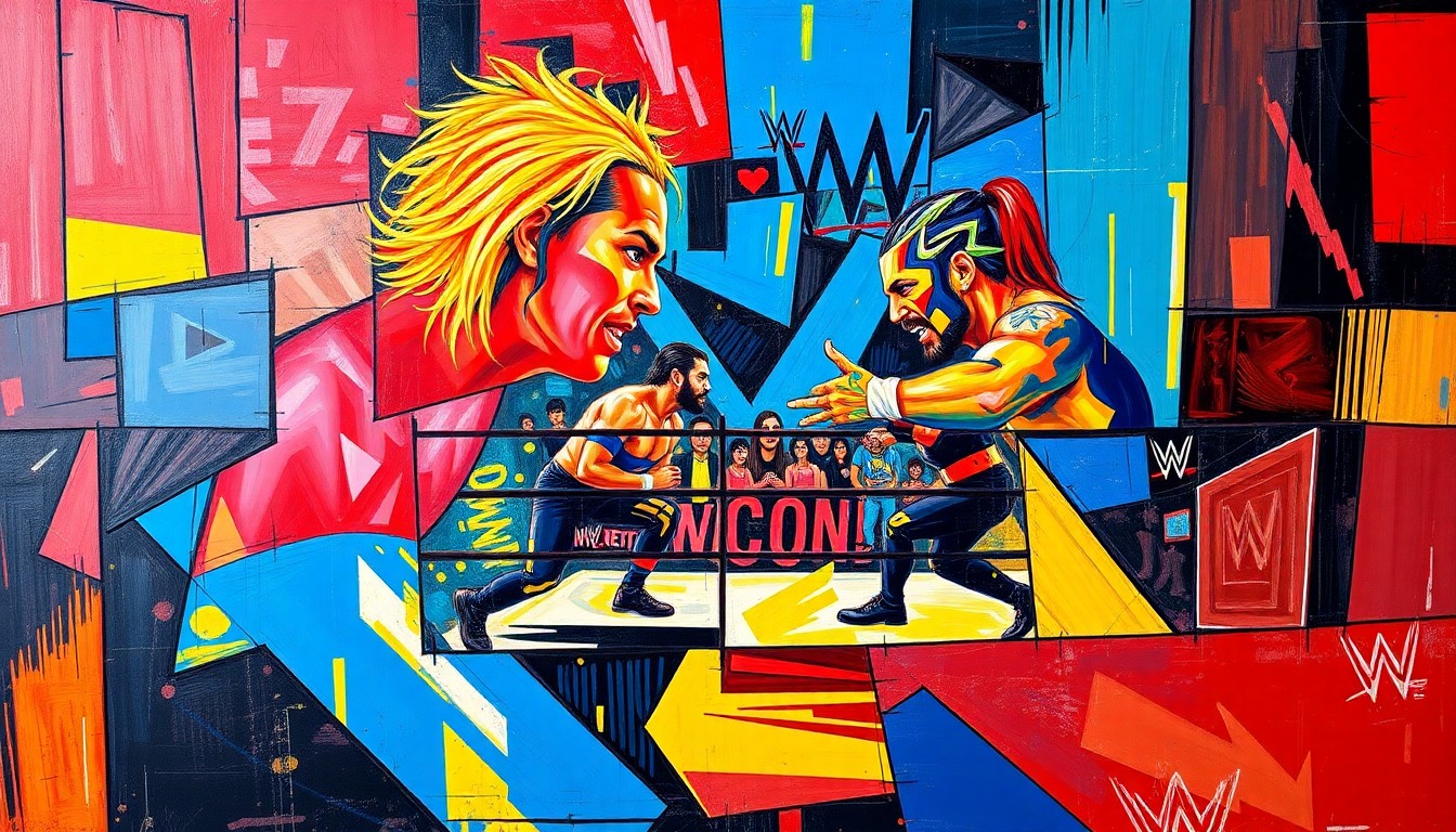 A fragmented, geometric painting in bold colors depicting the chaotic movements and clashing bodies of a professional wrestling match, conveying the raw energy and spectacle of the sport.