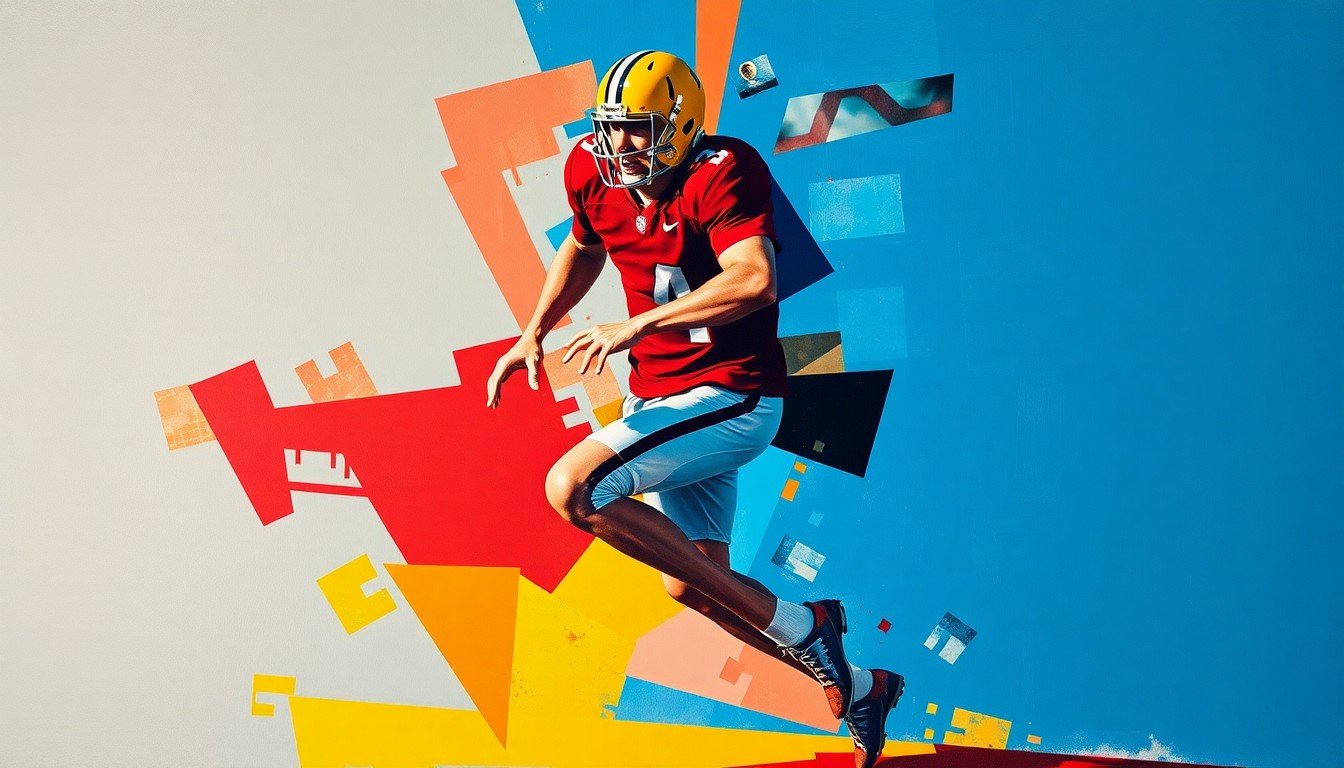 A fractured, cubist-style painting depicting a football player in motion, broken down into sharp, overlapping geometric shapes and planes of vibrant red, blue, and yellow colors.