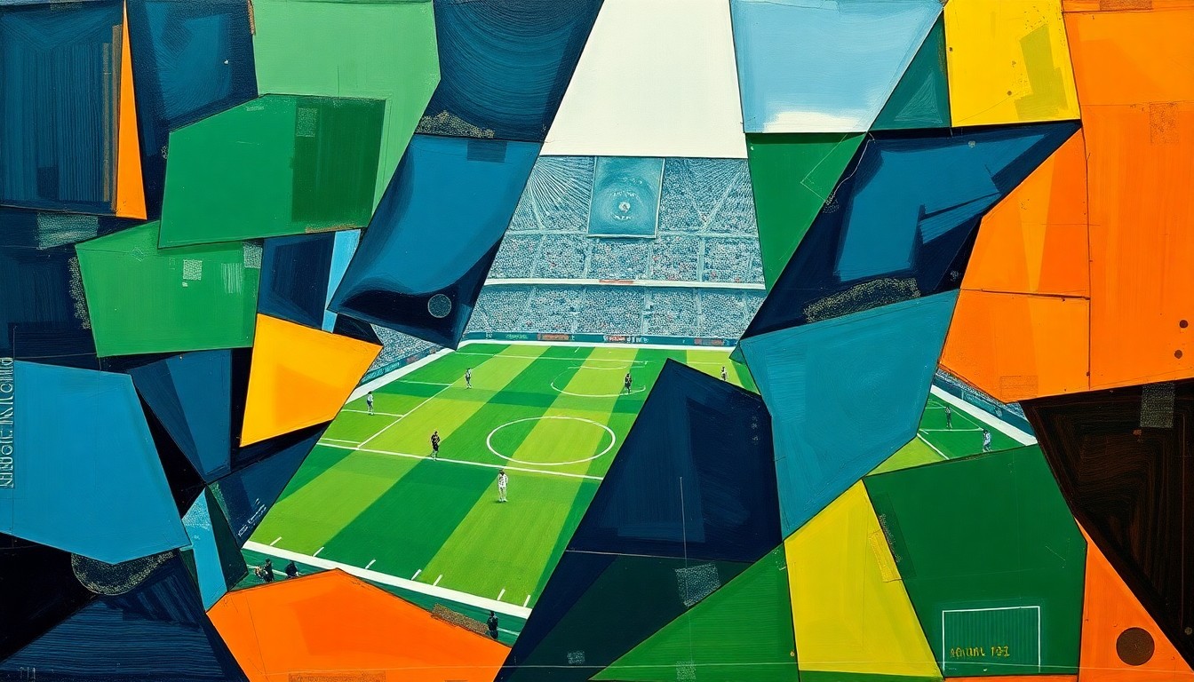 A cubist-style painting featuring overlapping geometric shapes and planes in navy, green, and orange hues, conceptually representing the fragmented and multi-faceted nature of the legal case between the NFL player and his accuser.