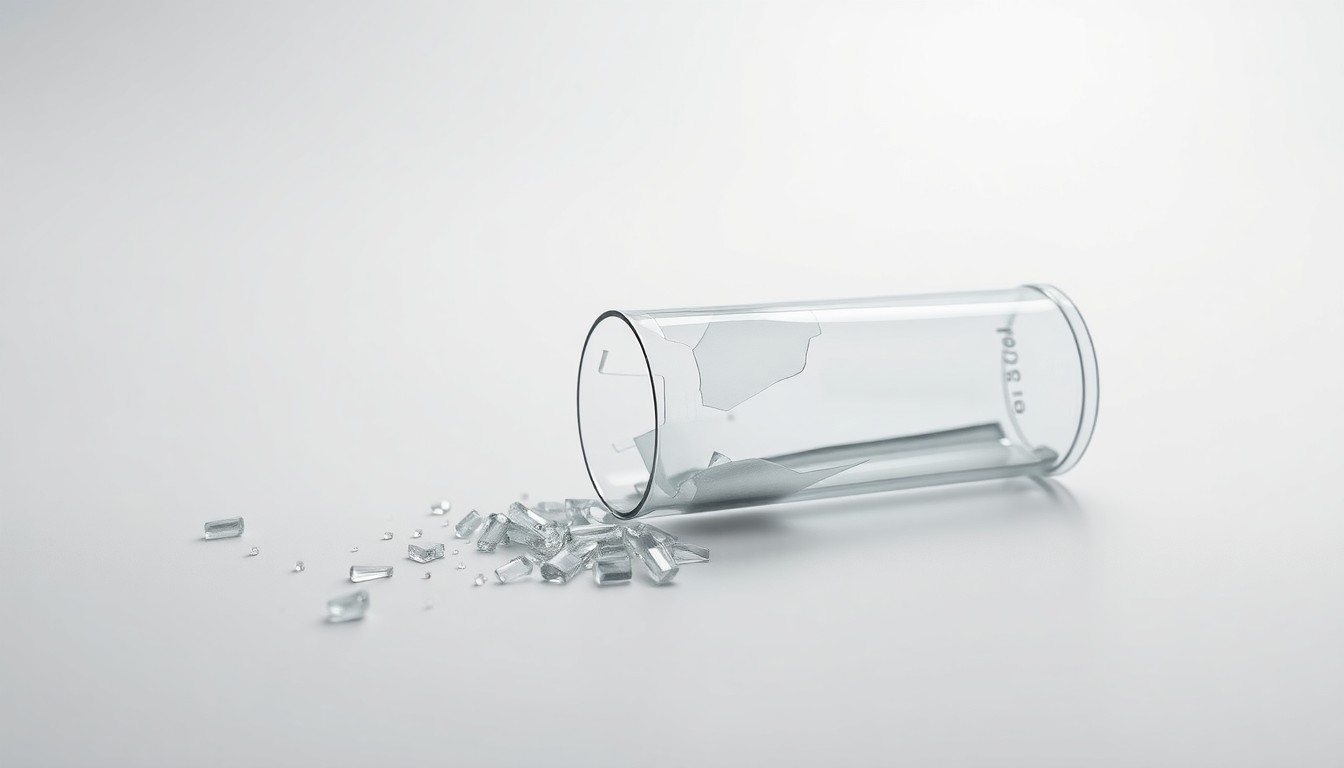 A photorealistic studio still life showing a shattered glass beaker or test tube lying on a clean, monochromatic background, symbolizing the failure of a pharmaceutical drug trial and the resulting loss of investor confidence.