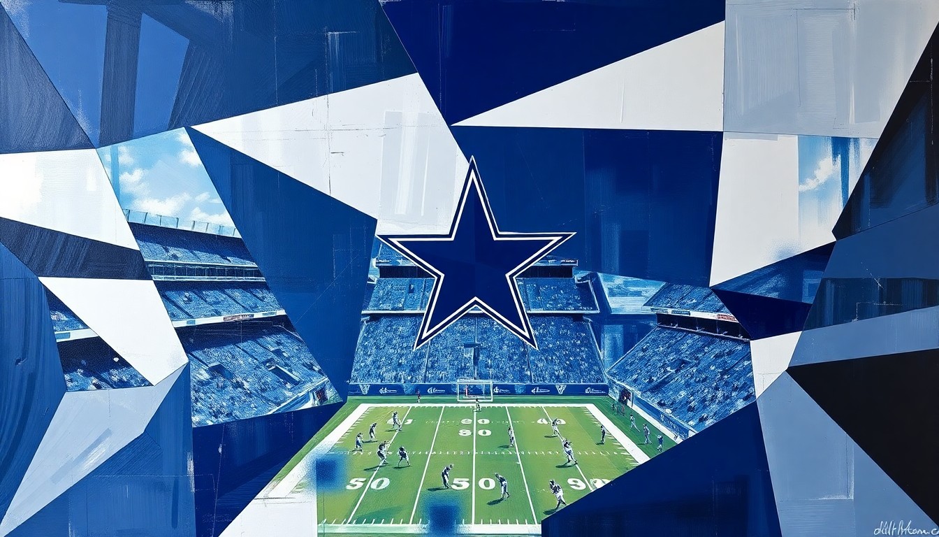 A cubist-style painting featuring fragmented, overlapping geometric shapes in navy blue, silver, and white, representing the action and movement of a Dallas Cowboys football game.