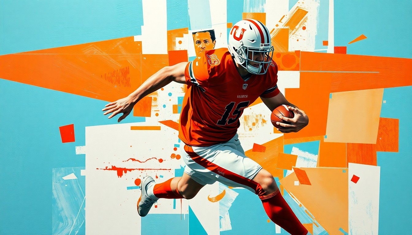 A cubist, geometric painting depicting a football player in motion, with sharp, overlapping planes of aqua blue, orange, and white, conveying the dynamic energy of the sport.