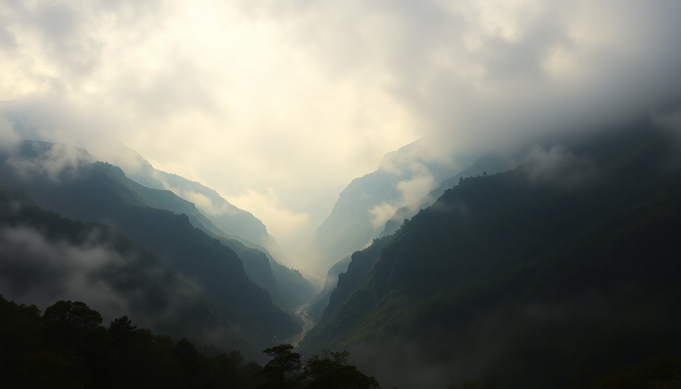 A vast, misty landscape painting in the style of Caspar David Friedrich, depicting the dramatic, fog-shrouded Topanga Canyon. The scene uses deep perspective and dramatic lighting to convey the overwhelming, sublime scale of the natural environment, with any man-made structures or vehicles dwarfed by the weather.