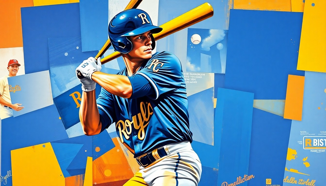 A fractured, multi-perspective painting depicting a baseball player's batting stance and swing, broken down into sharp, overlapping geometric planes in vibrant blue and gold colors.