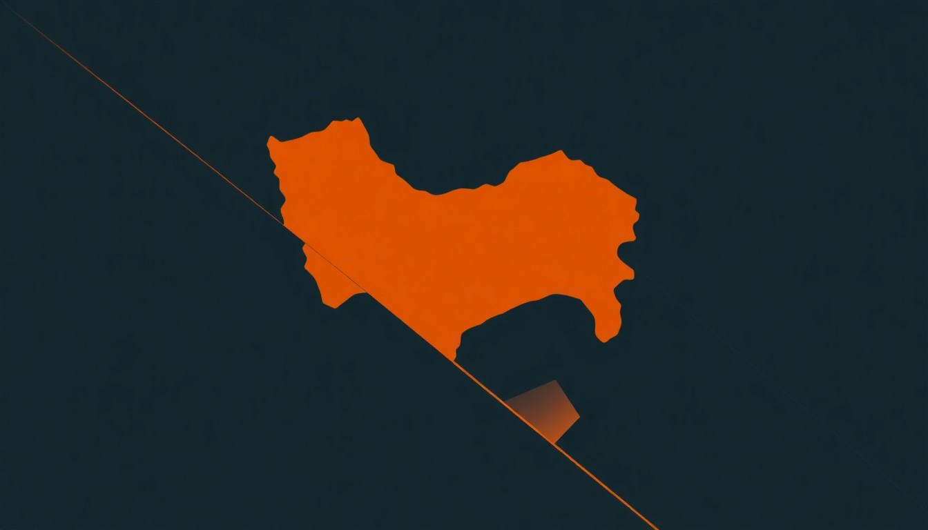 An abstract illustration composed of overlapping navy blue and steel grey triangles and rectangles, with muted orange accents, conveying a sense of economic uncertainty and volatility.