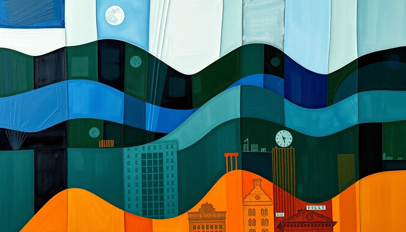 A dynamic, abstract painting of a cityscape in overlapping, fractured geometric shapes and waves of deep blue, forest green, and burnt orange, conveying the complex political and economic forces at play in the debate over minimum wage policy.