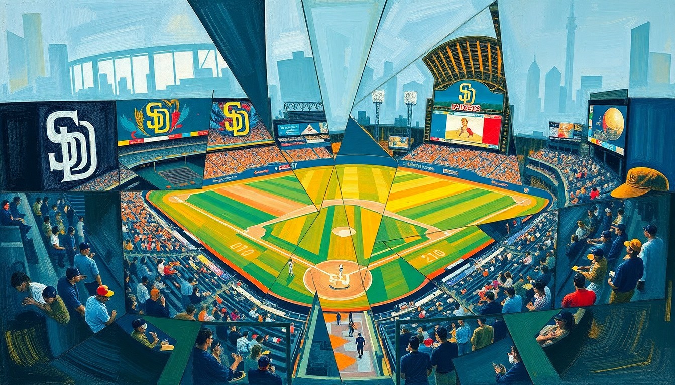 A fragmented, geometric painting depicting a baseball game or match, with sharp planes of color and shape representing the players and action on the field, conveying the complex payroll challenges facing the San Diego Padres organization.
