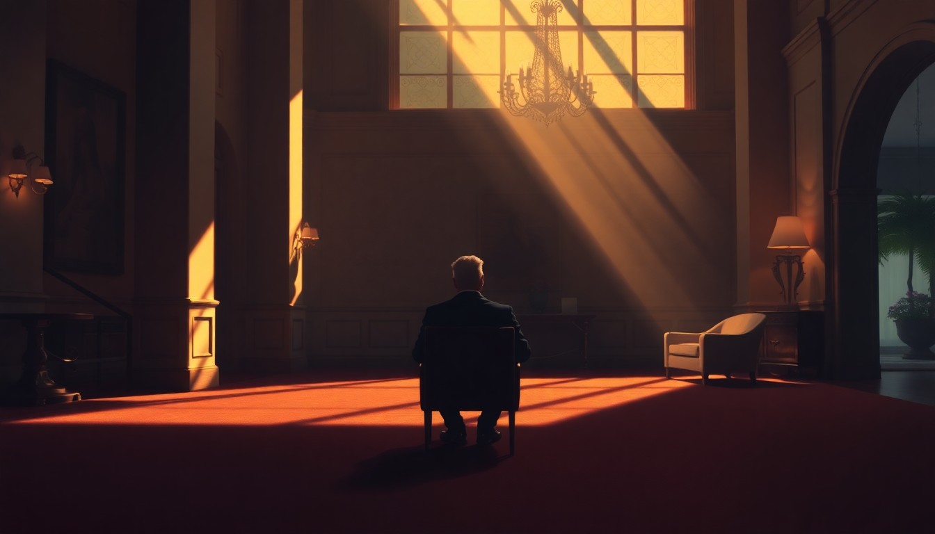 A solitary figure sitting alone in a dimly lit, textured lobby space, with warm light streaming in from a window, conceptually representing the behind-the-scenes influence of Trump's private club members on public policy.