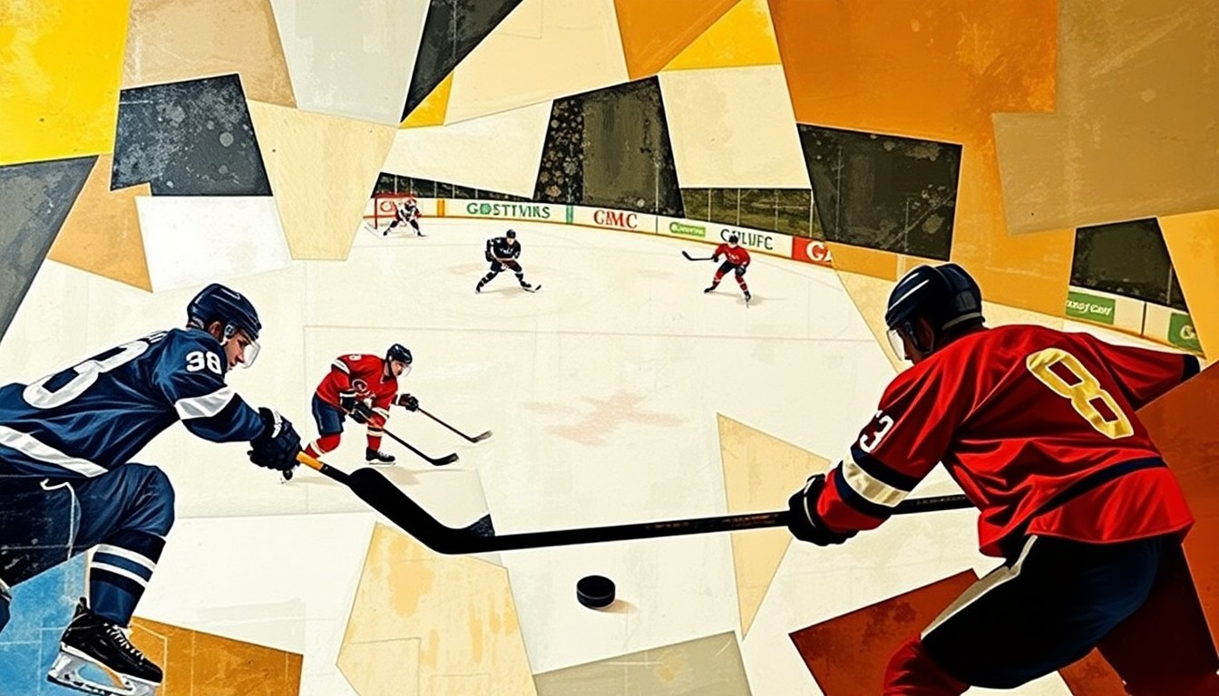 A fragmented, geometric painting depicting the action of a hockey game, with players and the puck represented as angular, overlapping shapes in a dynamic, abstract composition.