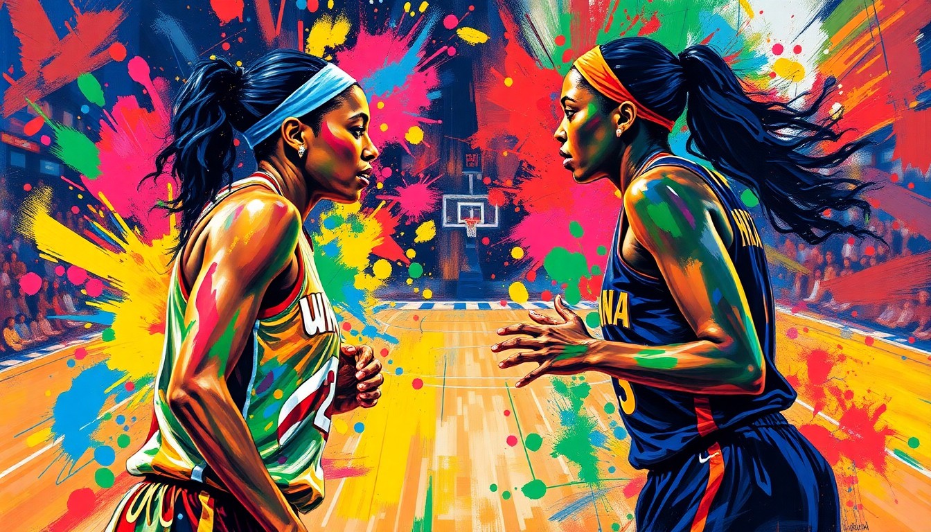 An abstract, energetic painting in neon colors depicting the blurred, overlapping figures of two basketball players in mid-motion, conveying the intensity and passion of their rivalry on the court.