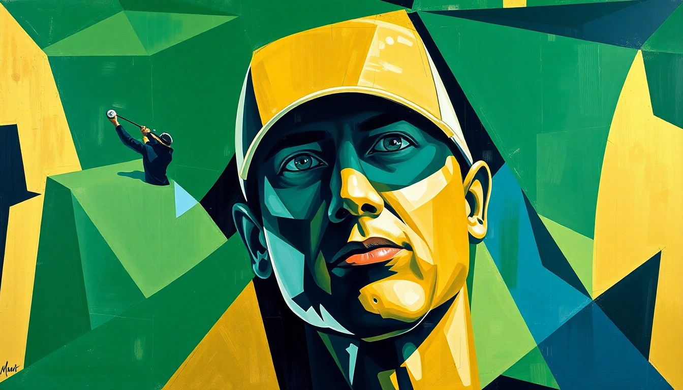 A cubist, geometric painting depicting a fractured, multi-angled view of a golfer's swing and the golf course, capturing the competitive intensity of the Masters tournament.