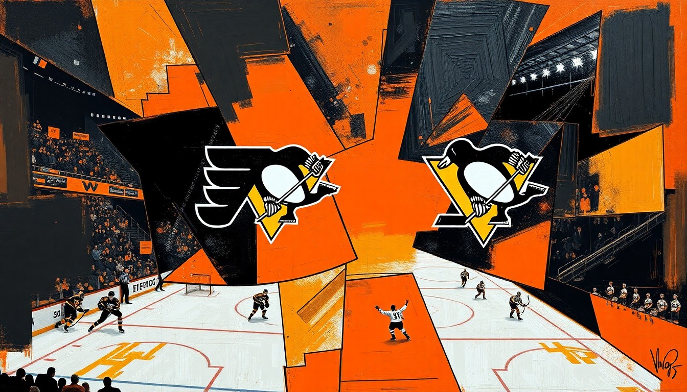A cubist, geometric painting depicting a hockey game between the Flyers and Penguins, with the players and action broken down into sharp, overlapping planes of color.