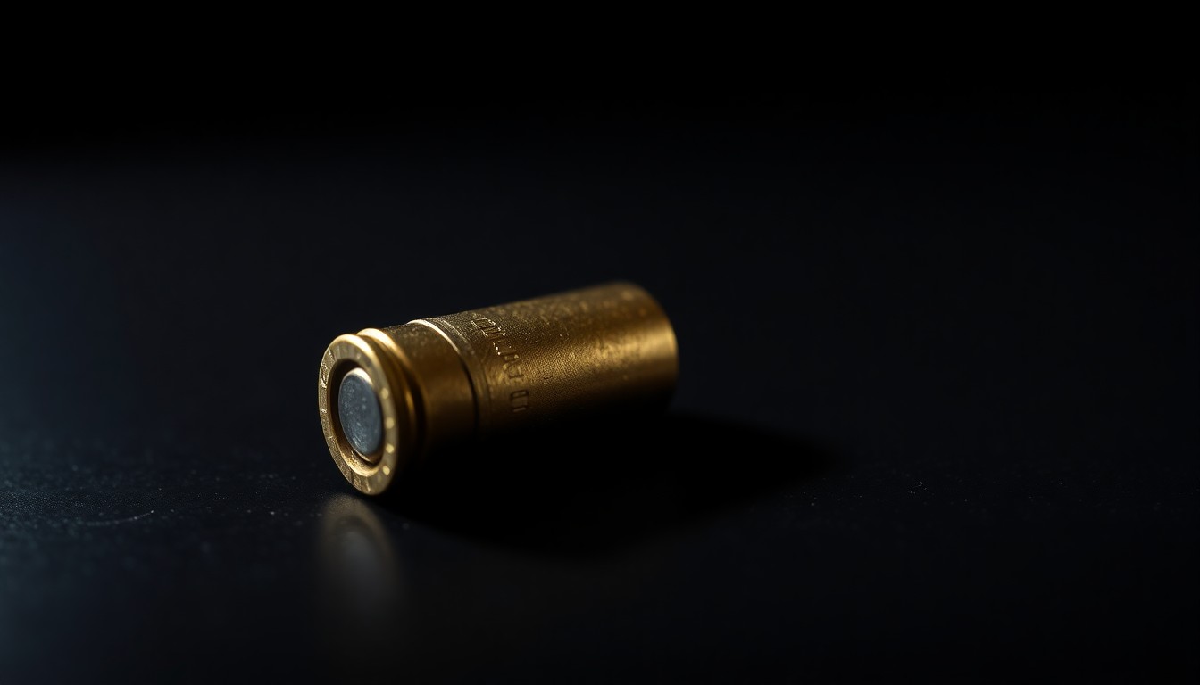 An extreme close-up photograph of a single spent bullet casing on a dark surface, lit by a harsh, direct camera flash, conceptually illustrating the dangers of unsecured firearms.