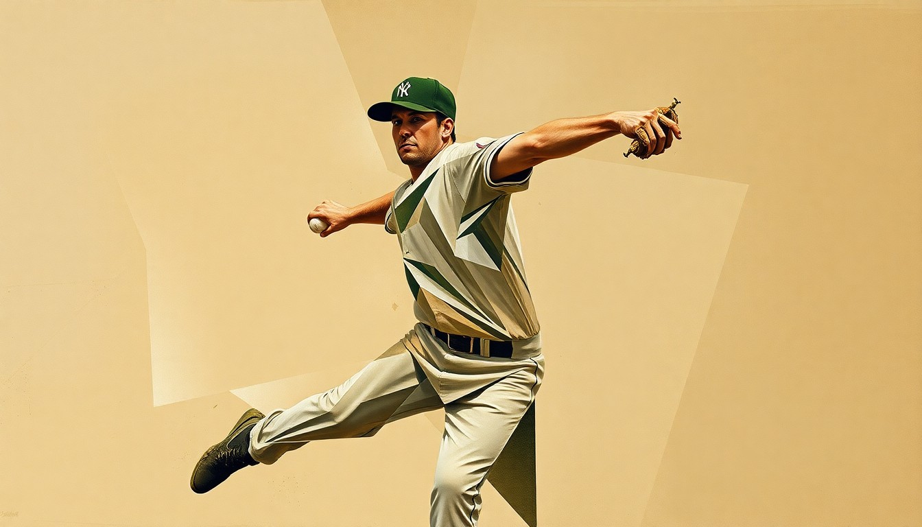 A fragmented, geometric painting depicting a baseball pitcher's motion, with sharp, overlapping planes in muted earth tones, conveying the disruption caused by Pivetta's injury to the Padres' rotation.