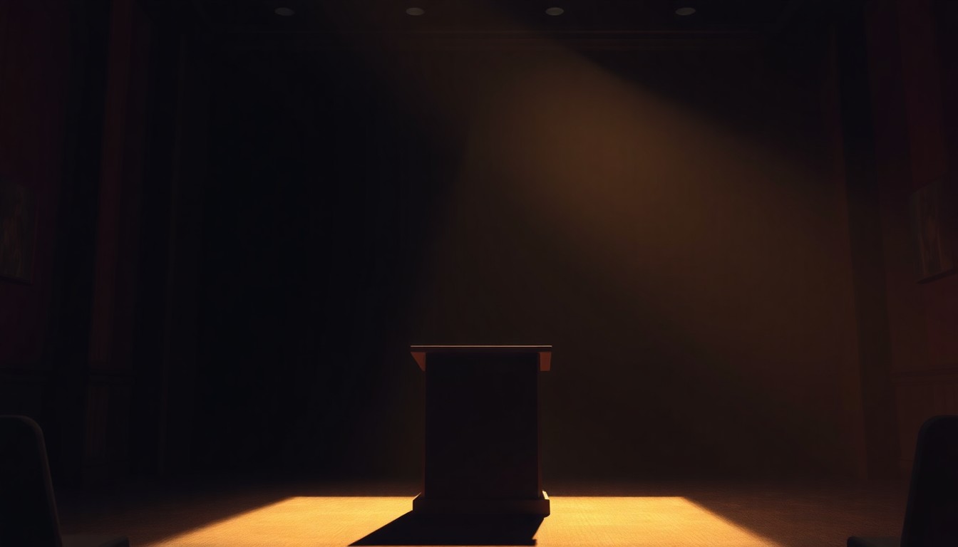 A cinematic painting of an empty conference room with a solitary podium in the center, bathed in warm, diagonal sunlight and deep shadows, conceptually representing the upcoming election candidate forum in Waco.