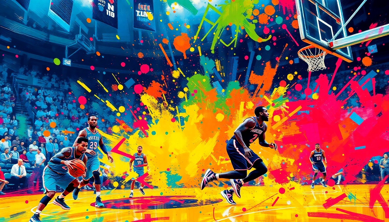 An abstract, expressionist painting in neon colors depicting the energy and movement of a Charlotte Hornets basketball game, with players' figures dissolving into colorful brushstrokes.
