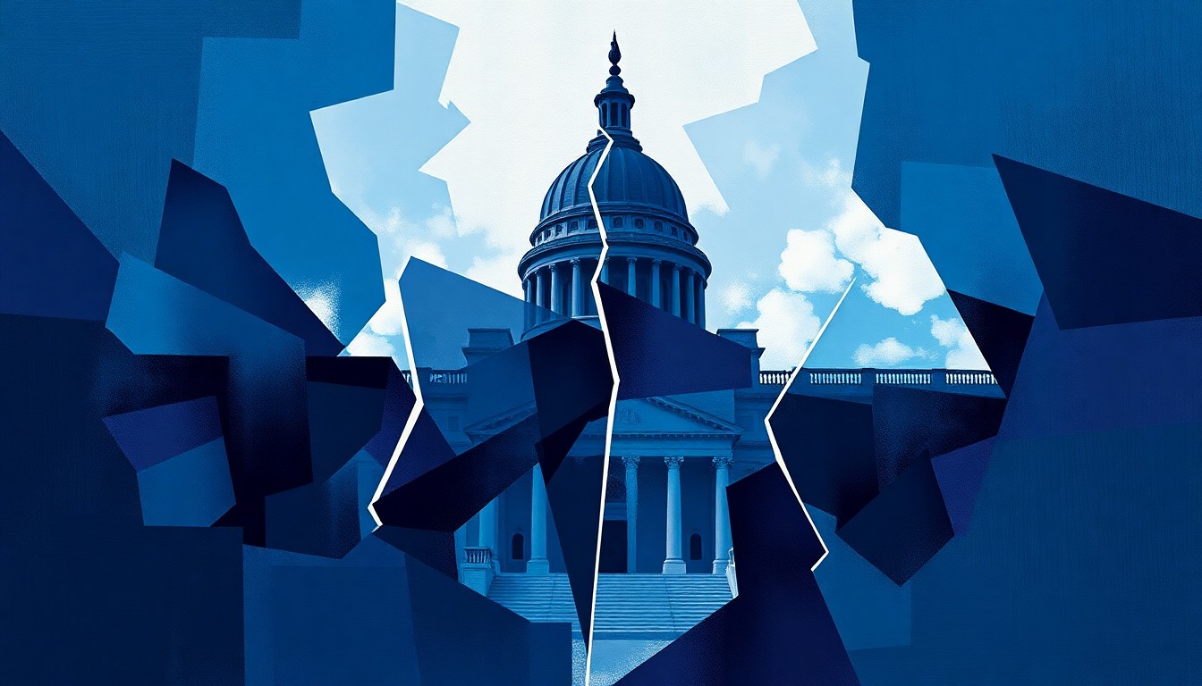 A dynamic, fragmented painting in shades of blue and violet, depicting a blurred government building or political symbol, conveying a sense of political upheaval and discord.