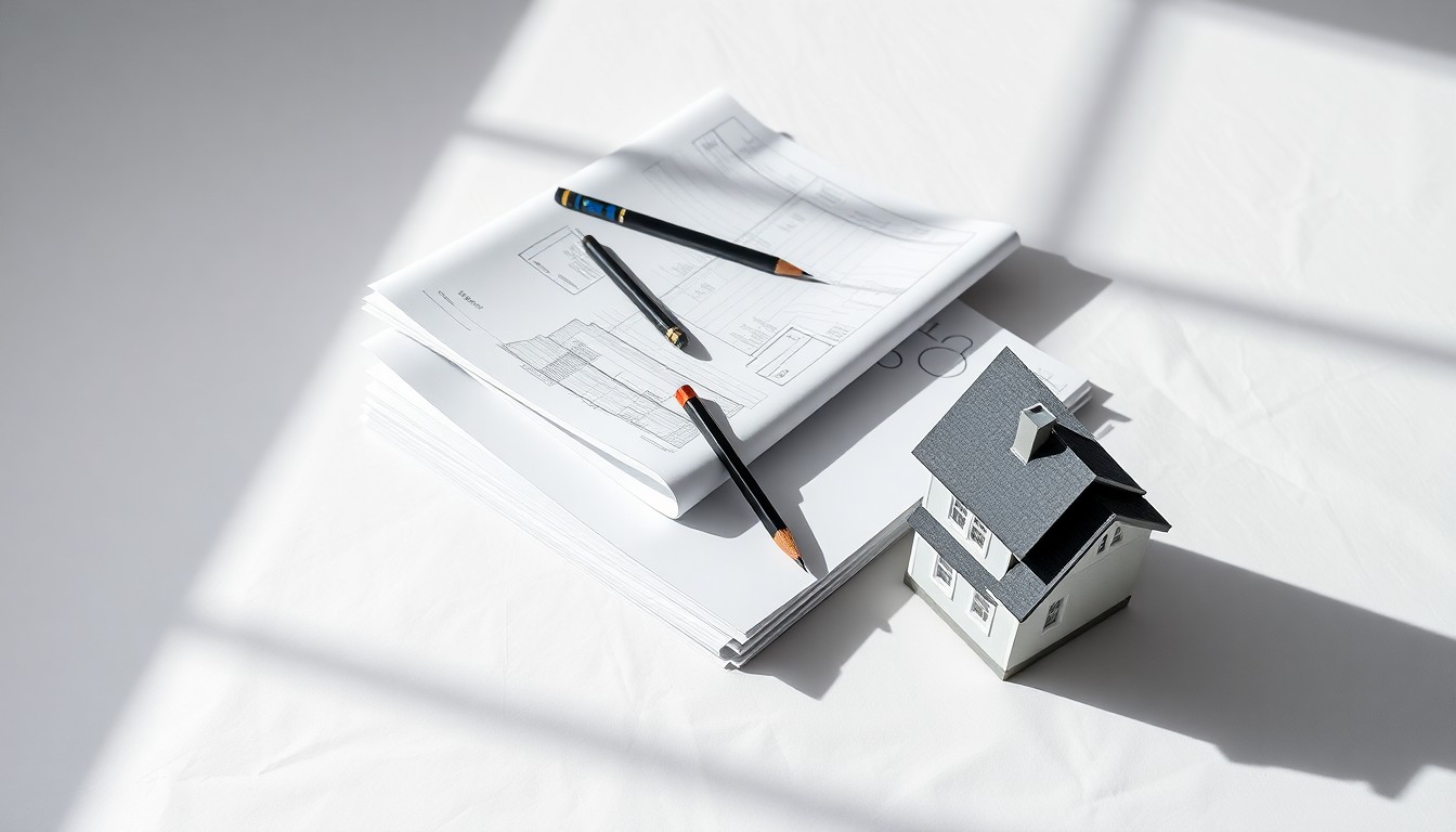 A conceptual studio still life photograph featuring architectural blueprints, a carpenter's pencil, and a small model house, arranged elegantly on a clean white background and dramatically lit to represent the abstract concepts of urban planning and the permitting process.