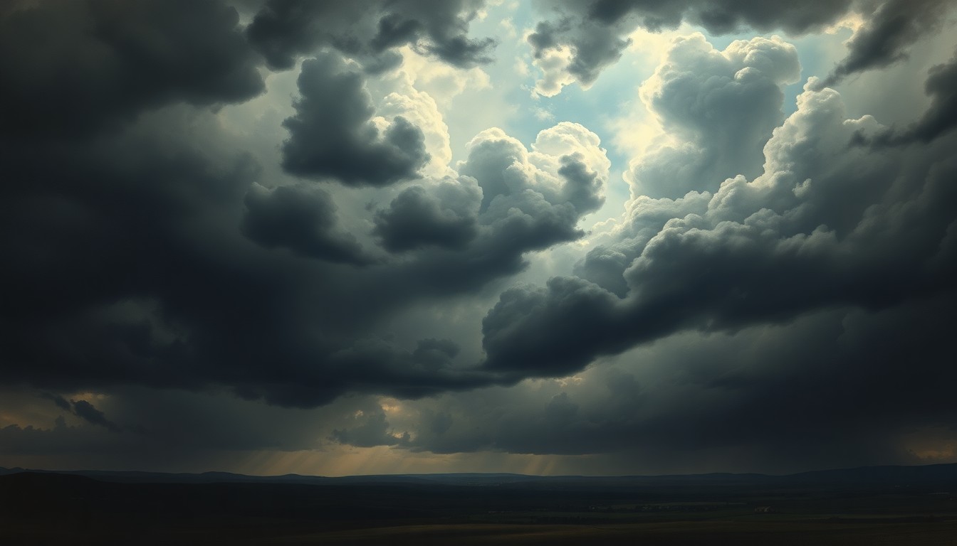A dramatic landscape painting in the style of Caspar David Friedrich, with a brooding, ominous sky filled with dark, swirling storm clouds dominating the scene and only the faintest silhouette of a distant city or rural structure visible on the horizon, conveying the overwhelming, sublime power of an approaching severe thunderstorm.