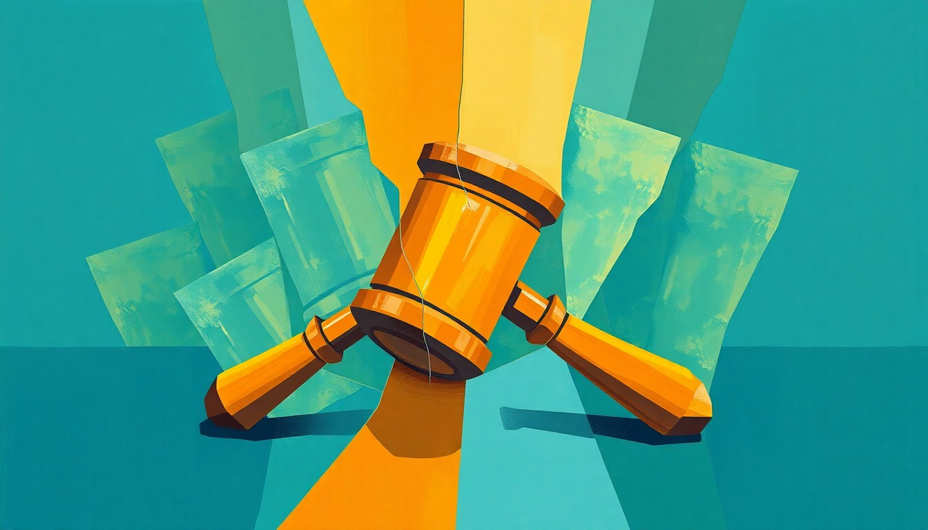 A fractured, abstract painting in warm earth tones and cool blues, depicting a repeated, overlapping image of a political symbol related to climate policy, conveying a sense of political division and upheaval.