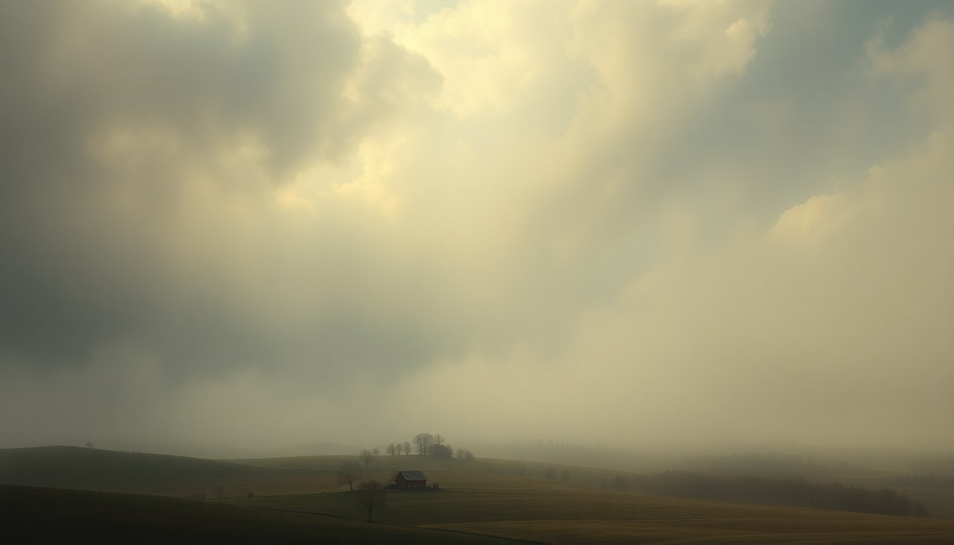 A vast, atmospheric landscape painting in muted tones of gray, blue, and green, with a small farmhouse or barn barely visible in the distance, dwarfed by the expansive, fog-shrouded sky above, conveying the overwhelming scale of the natural world.