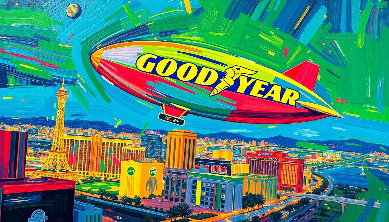 A vibrant, expressionist painting featuring the Goodyear Blimp soaring over the Las Vegas skyline, with bold brushstrokes and neon colors capturing the dynamic movement and energy of the iconic airship.