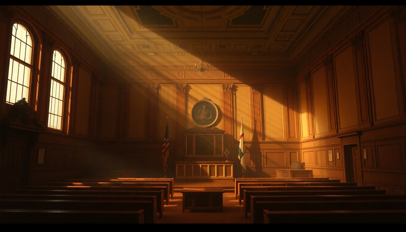 A dimly lit, cinematic painting of an empty New York City Council chamber, with sunlight streaming in through tall windows and casting long shadows across the ornate wooden desks and chairs, conveying a sense of quiet contemplation and political drama.