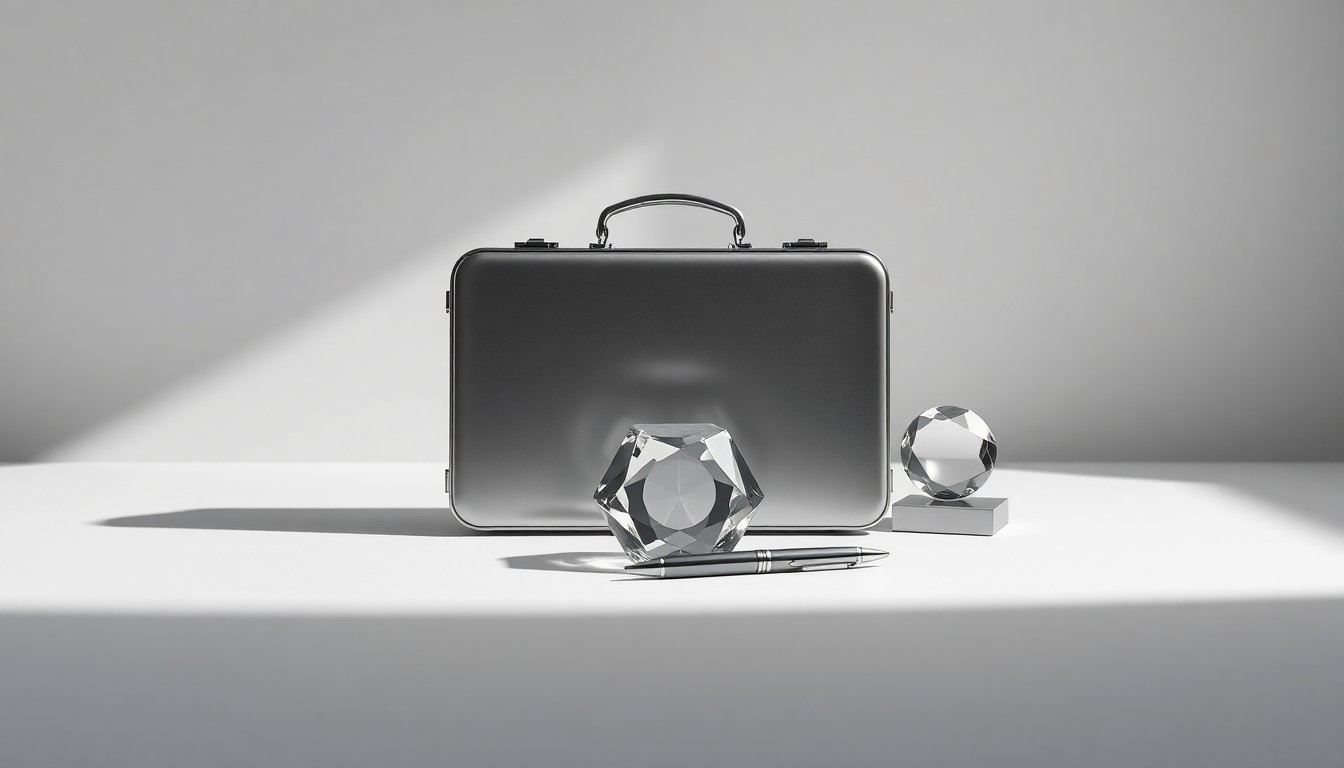 A minimalist studio still life featuring polished, geometric business objects arranged elegantly on a clean, monochromatic background, conceptually representing the opportunities for local companies to work with government entities.