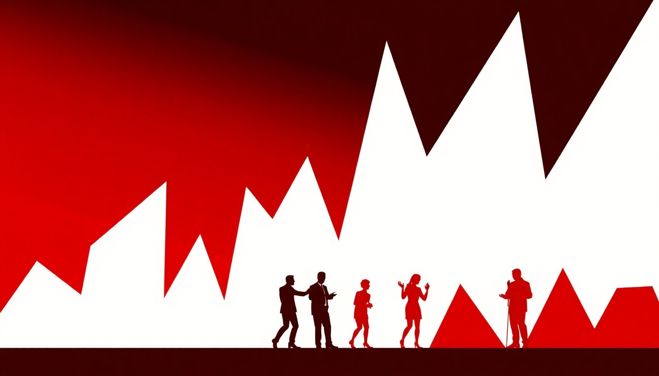 A vibrant, abstract illustration featuring bold, geometric shapes in red and white, conceptually representing the diverse musical productions coming to the La Mirada Theatre.