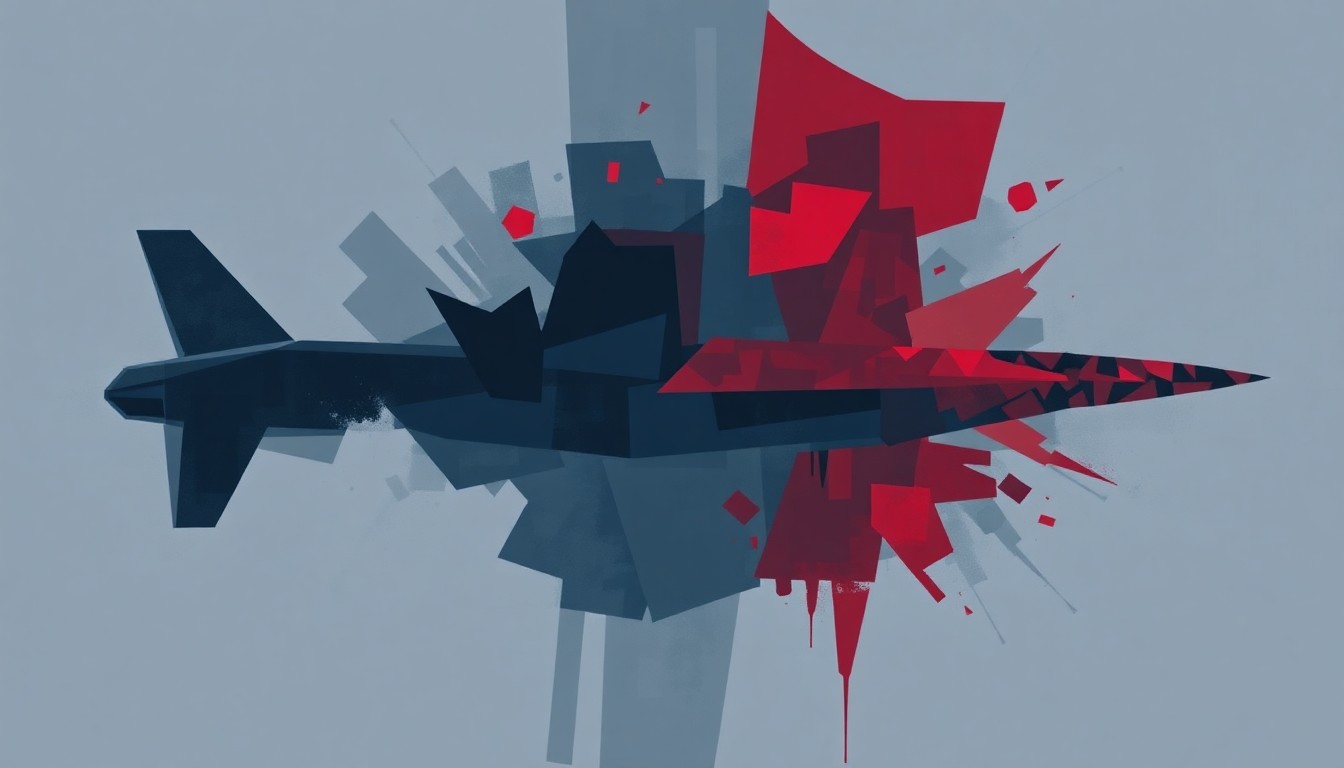 A dynamic, abstract painting of a military drone or missile in overlapping, fractured geometric shapes in shades of dark grey, navy blue, and crimson red, conceptually representing the turbulent politics surrounding the impeachment effort.