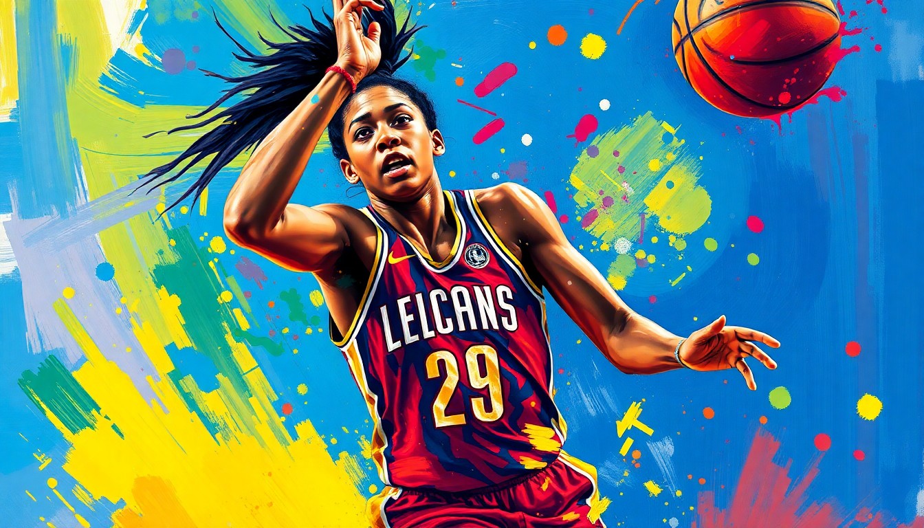 An extreme close-up of A'ja Wilson driving to the hoop, her powerful movements captured in a vibrant, expressionist painting style with neon colors and rapid brushstrokes that dissolve her face and jersey into unrecognizable splatters, conveying the raw energy and athleticism of the WNBA's reigning MVP.