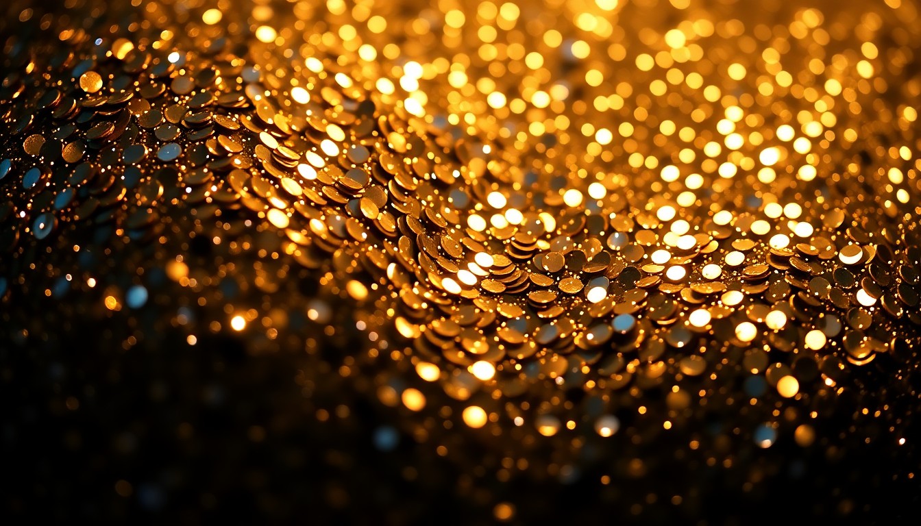 An extreme close-up photograph of shimmering, glittering sequins in a high-contrast, dramatic studio lighting setup, capturing the glamour and luxury of the adult entertainment industry.