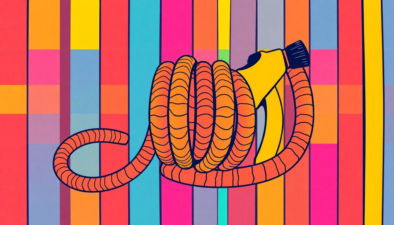A vibrant, high-contrast silkscreen print of a retractable garden hose repeated in a tight grid, capturing the item's sleek, modern design through the lens of pop art.