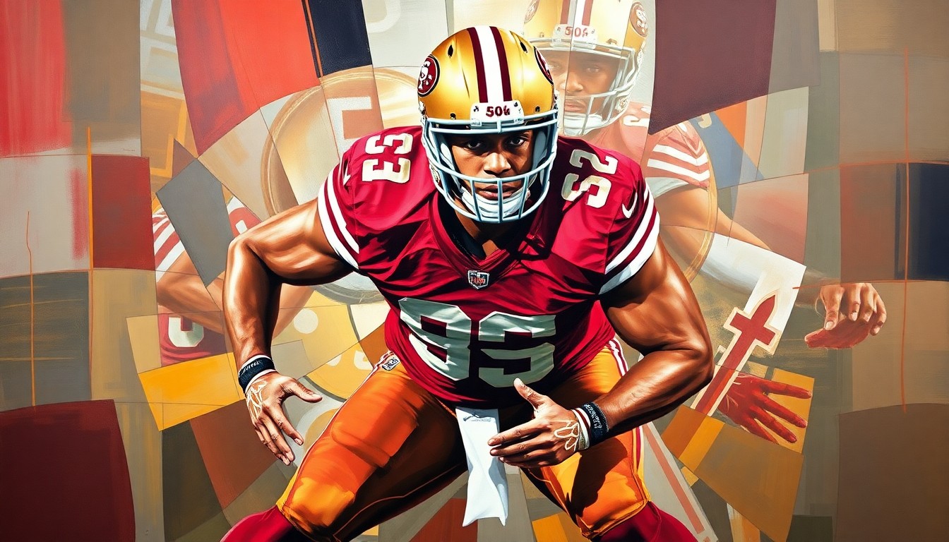 A fragmented, geometric painting depicting an offensive lineman in pass protection, with sharp planes of red and gold colors representing the 49ers' search for their next star tackle.