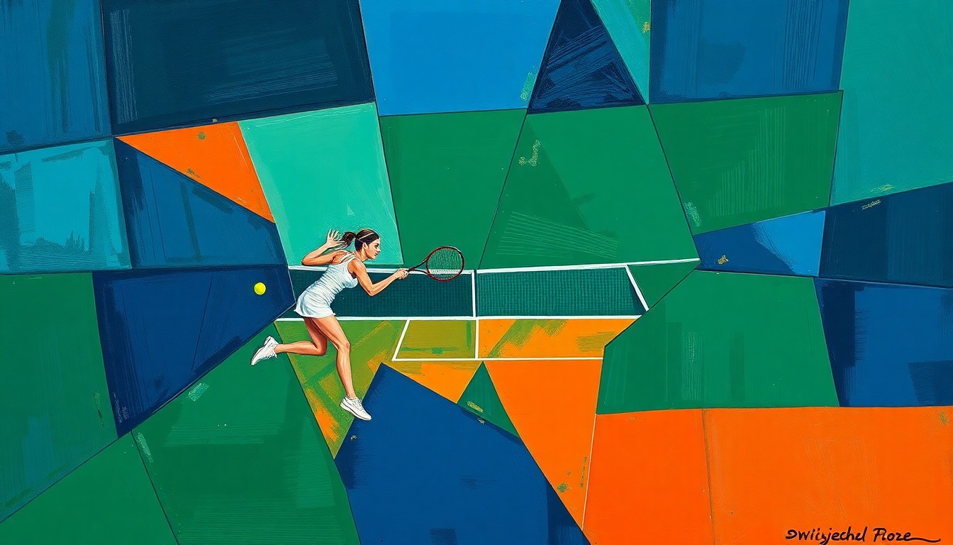 A fragmented, cubist-style painting depicting a women's tennis match, with sharp, overlapping geometric shapes in shades of navy, green, and orange, conveying the intensity and energy of the sport.