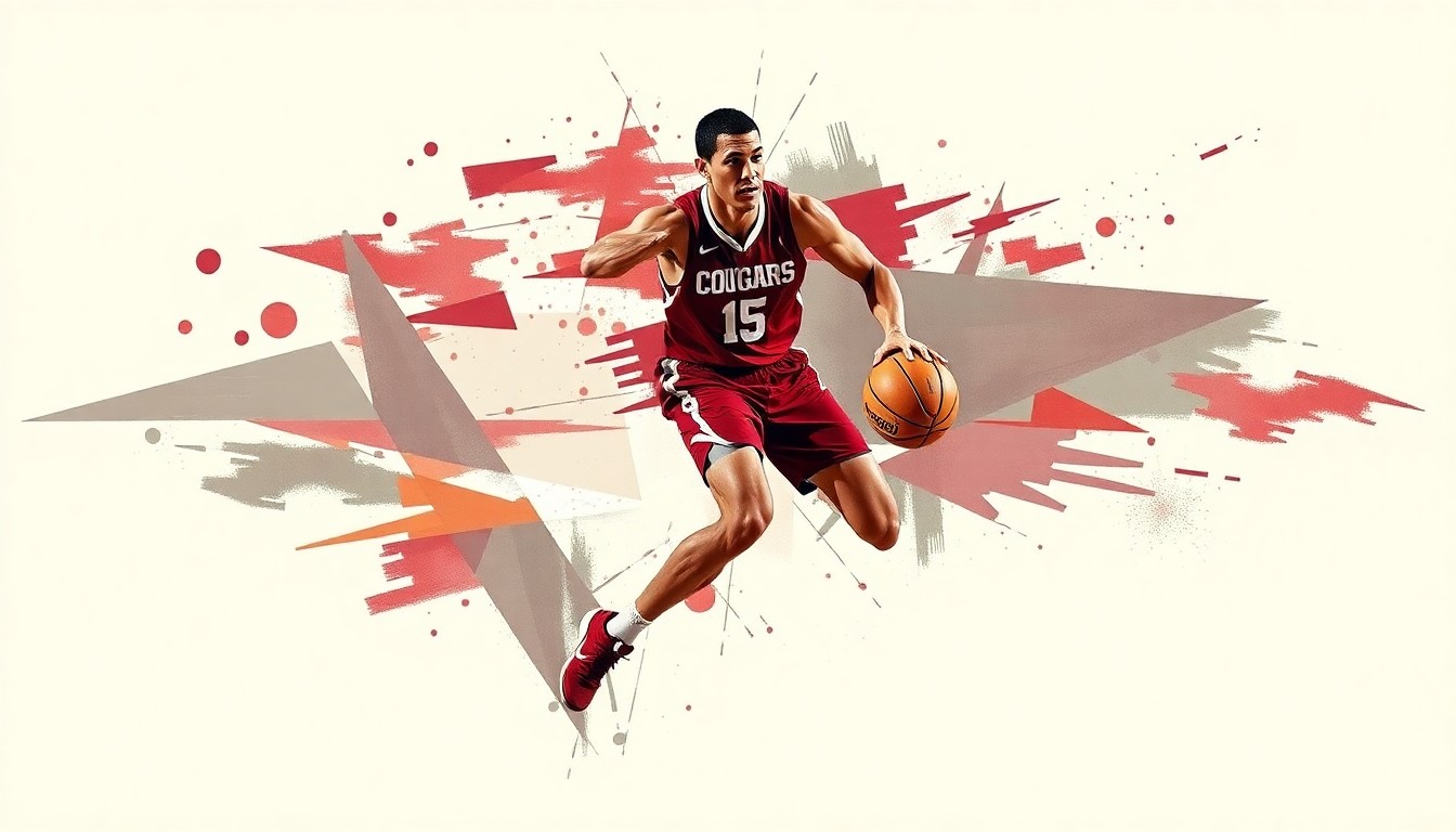 A cubist, geometric painting depicting a basketball player in motion, with sharp planes of crimson and gray colors representing the Washington State Cougars' official team colors.