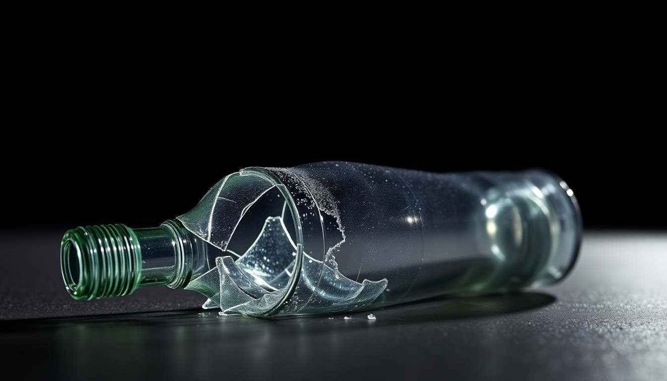 An extreme close-up photograph of a broken glass bottle or shattered plastic container lid lying on the ground, the harsh flash illuminating the jagged edges and rough texture, conceptually representing the aftermath of an illegal dumping incident.